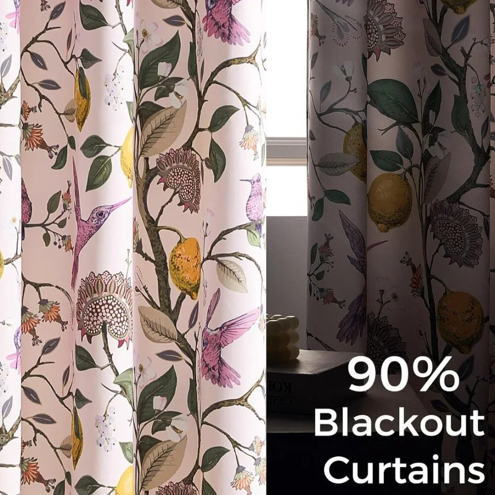 Floral Lemon Hummingbird Curtains Patterned Waverly Mid-Century Style - Picture 3 of 7